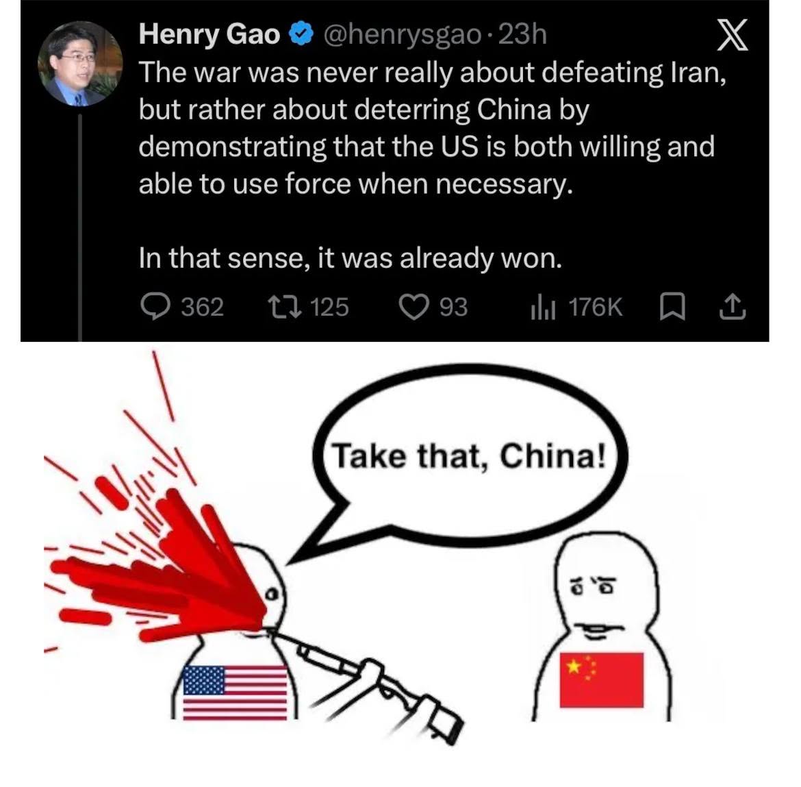 This meme serves as a dark satire on the aggressive, irrational tactics often attributed to the Trump administration. By taking the serious quote about using "force" to "deter" and visually converting it into a litera...