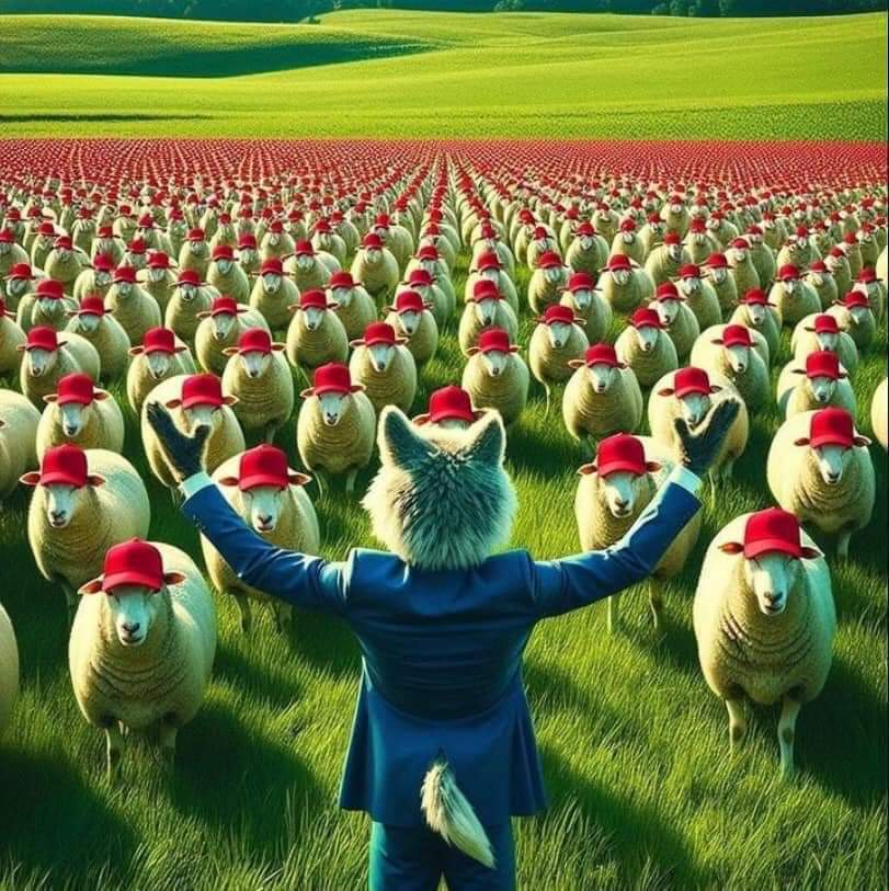 The meme is a humorous image of a cartoon sheep with a Trump-like haircut, wearing a "Make America Great Again" (MAGA) hat, surrounded by a sea of sheep all wearing the same hat. The image is a play on the phrase "flo...