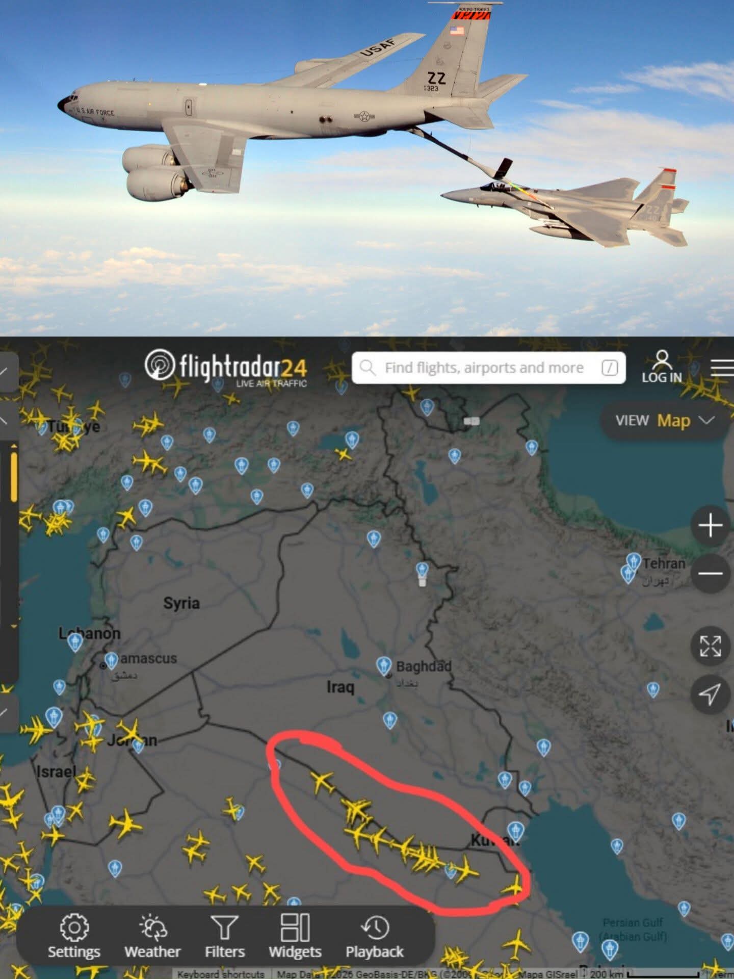 This meme visualizes military air activity as a political statement about the administration of Donald Trump. The top image shows a United States Air Force tanker jet refueling a fighter aircraft, while the bottom map...