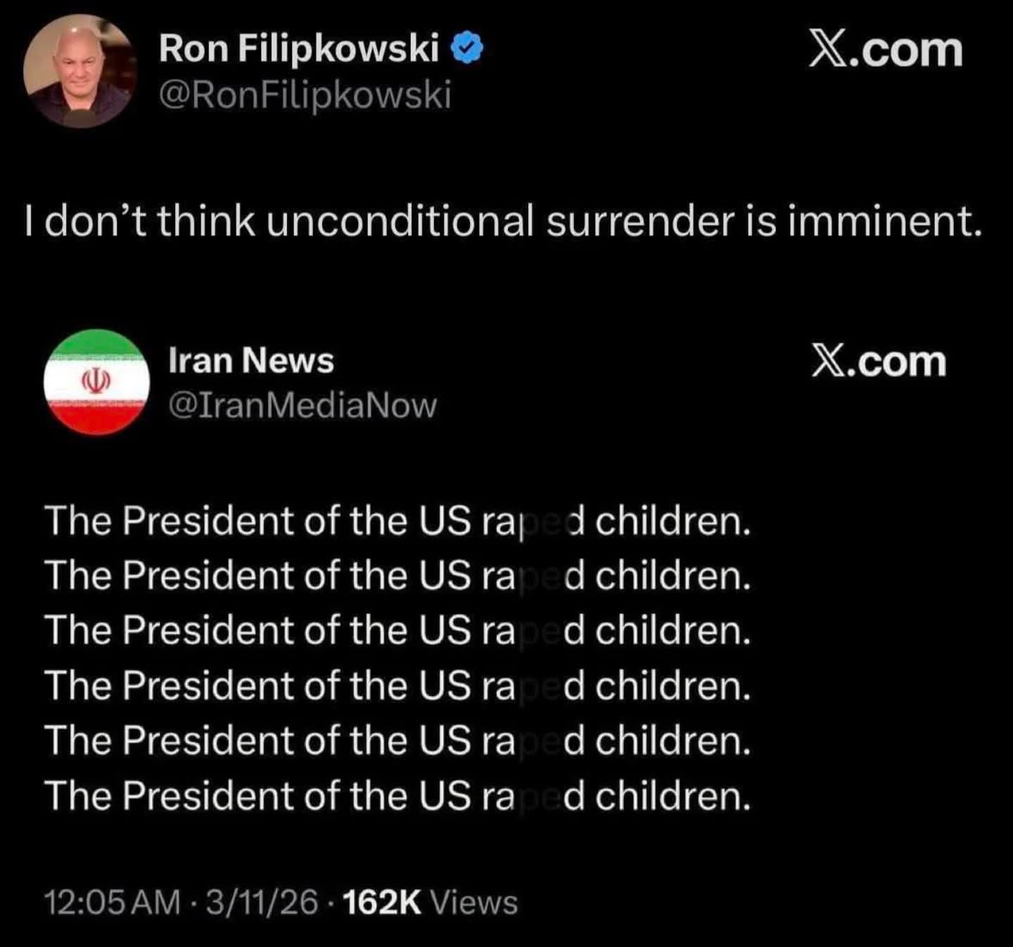 In this anti-Trump joke, a tweet suggests that there is no need for a surrender from Donald Trump ("I don't think unconditional surrender is imminent"), only to be immediately countered by an Iranian account (@IranMed...