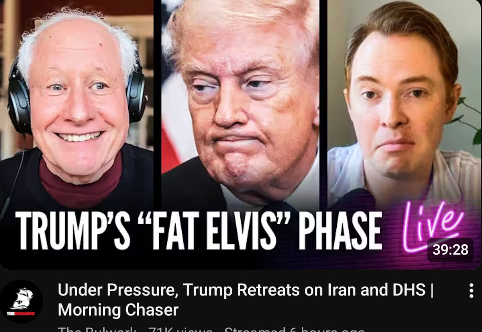 This anti-Trump meme mocks the idea that President Trump is acting like an aging Elvis Presley at this specific moment. It features three figures—comedians John Mulaney and Elon Musk alongside President Trump—grouped...