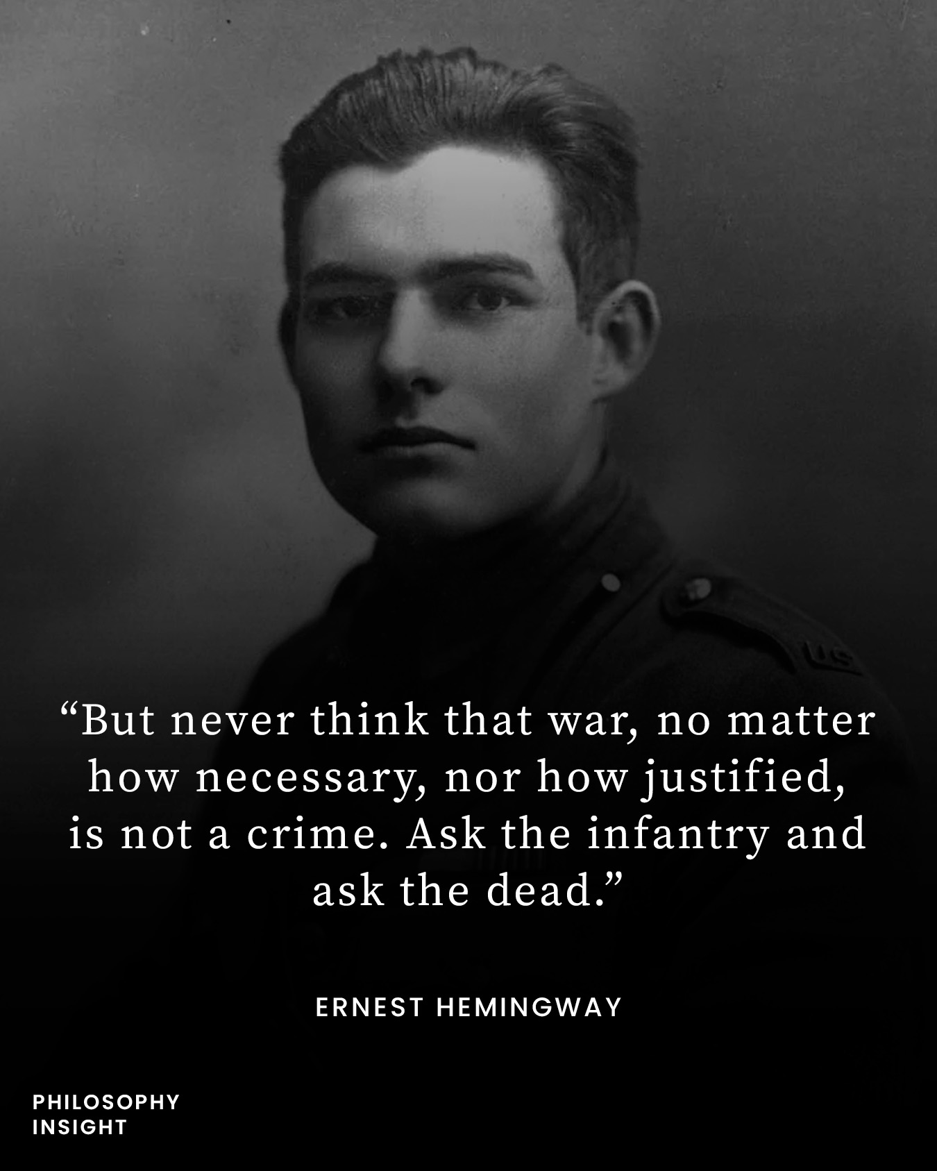 Okay, let's break down this image and its accompanying quote through several critical lenses. **Visual Description** The image is a black and white, fairly high-contrast portrait of a young Ernest Hemingway in what ap...