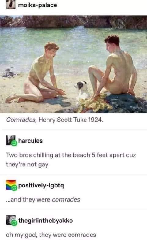This is an art-based meme featuring an early 20th-century oil painting titled *Comrades* by Henry Scott Tuke (1924). In this specific work, two young men are depicted nude on a beach, gazing at each other with express...