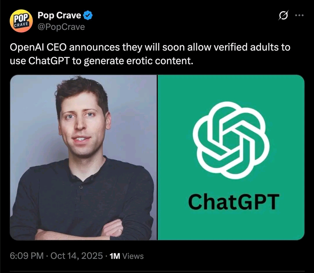 This meme satirizes the tension between commercial profit and AI safety protocols by juxtaposing a photo of CEO Sam Altman next to the ChatGPT logo against a news report that OpenAI is allowing verified adults to use...