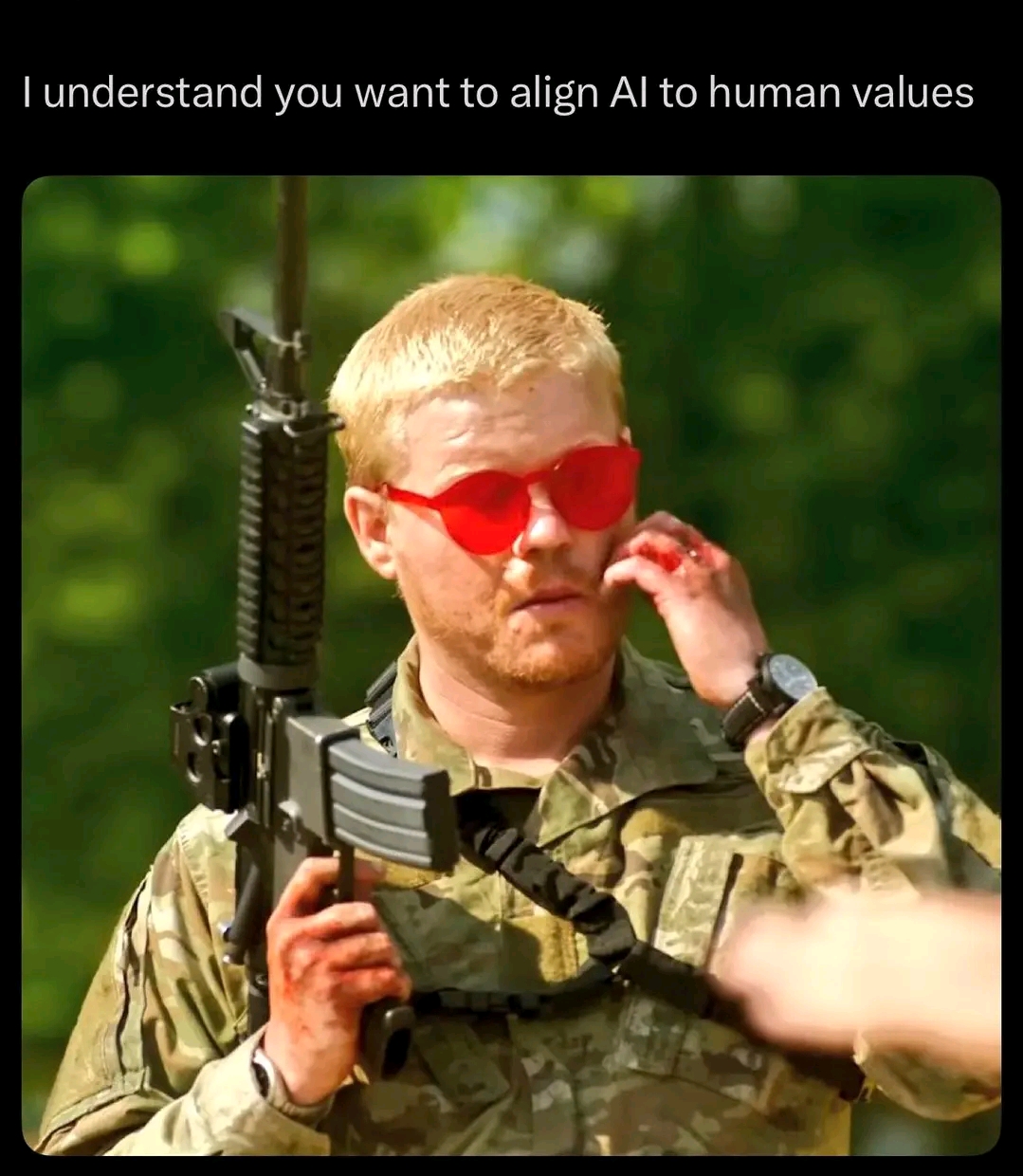 This meme satirizes the **Alignment Problem**, a central concept in Artificial Intelligence safety regarding how we give humans control over powerful technology. The visual depicts a soldier holding an assault rifle—p...