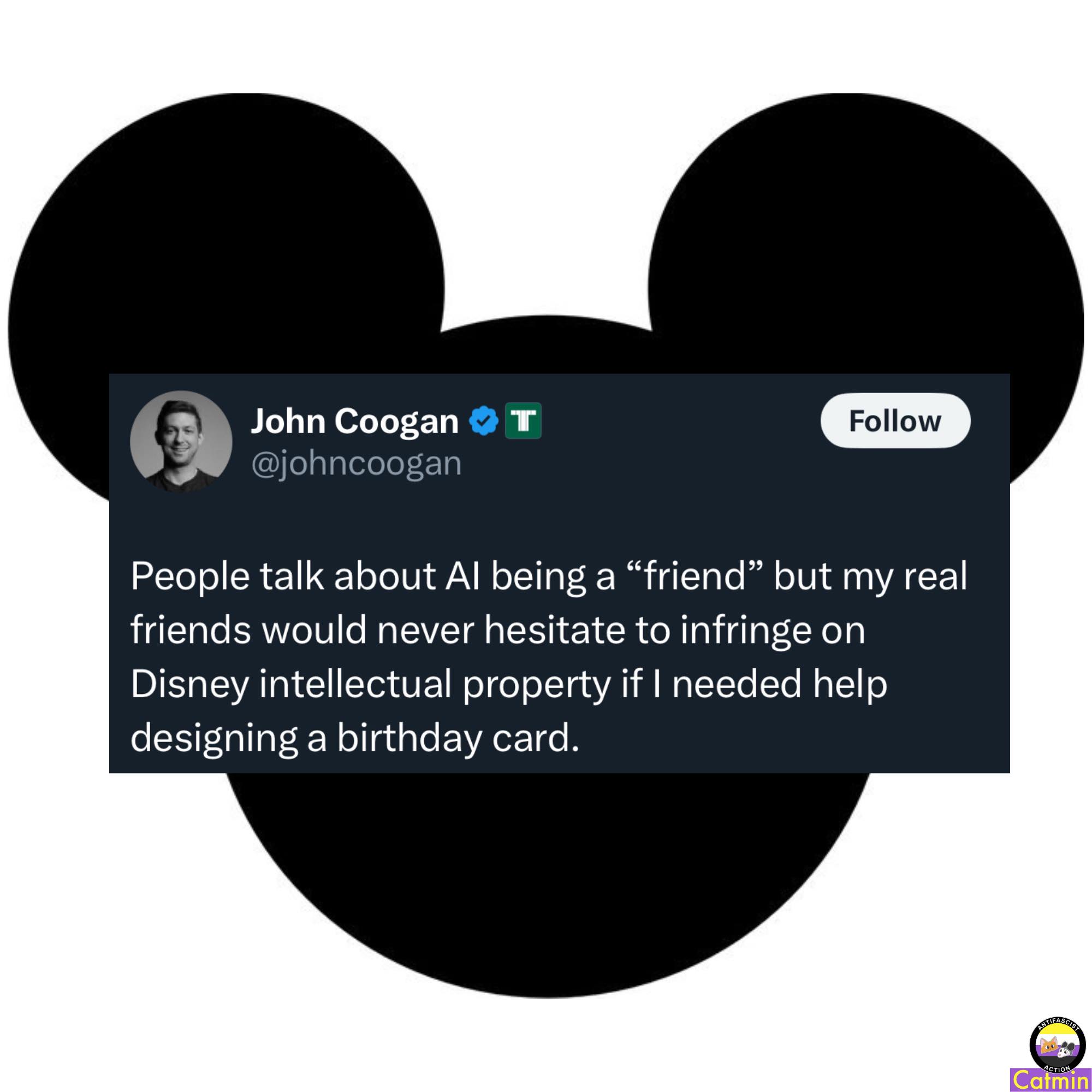 Okay, here's an analysis of the image (a tweet by John Cogan) broken down into sections, as requested. I'll only include sections that are genuinely applicable, given the content. --- **Visual Description** The image...