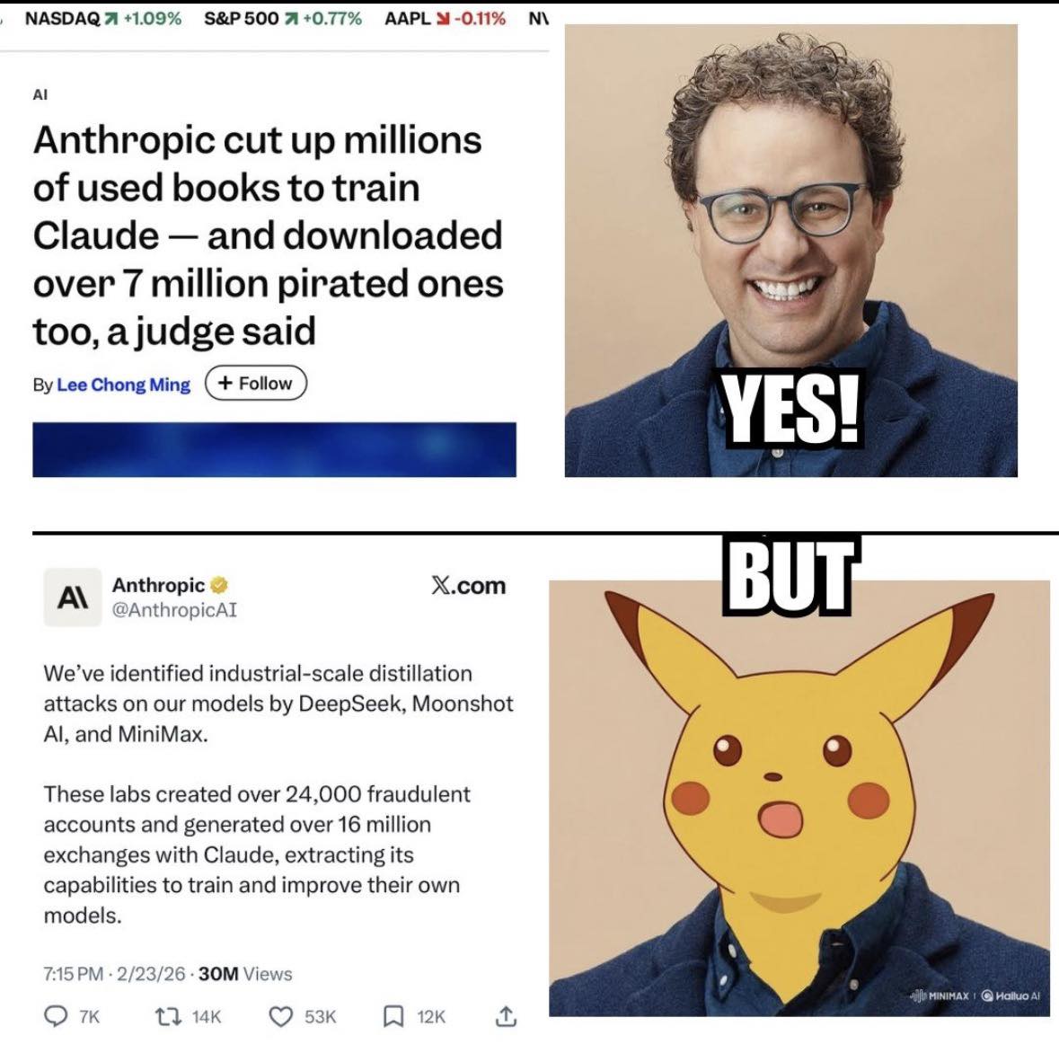 This meme illustrates a paradox where unethical actions are framed as necessary security by corporate leaders in the AI industry. The top panel shows approval for stealing millions of pirated books to train Claude, ac...