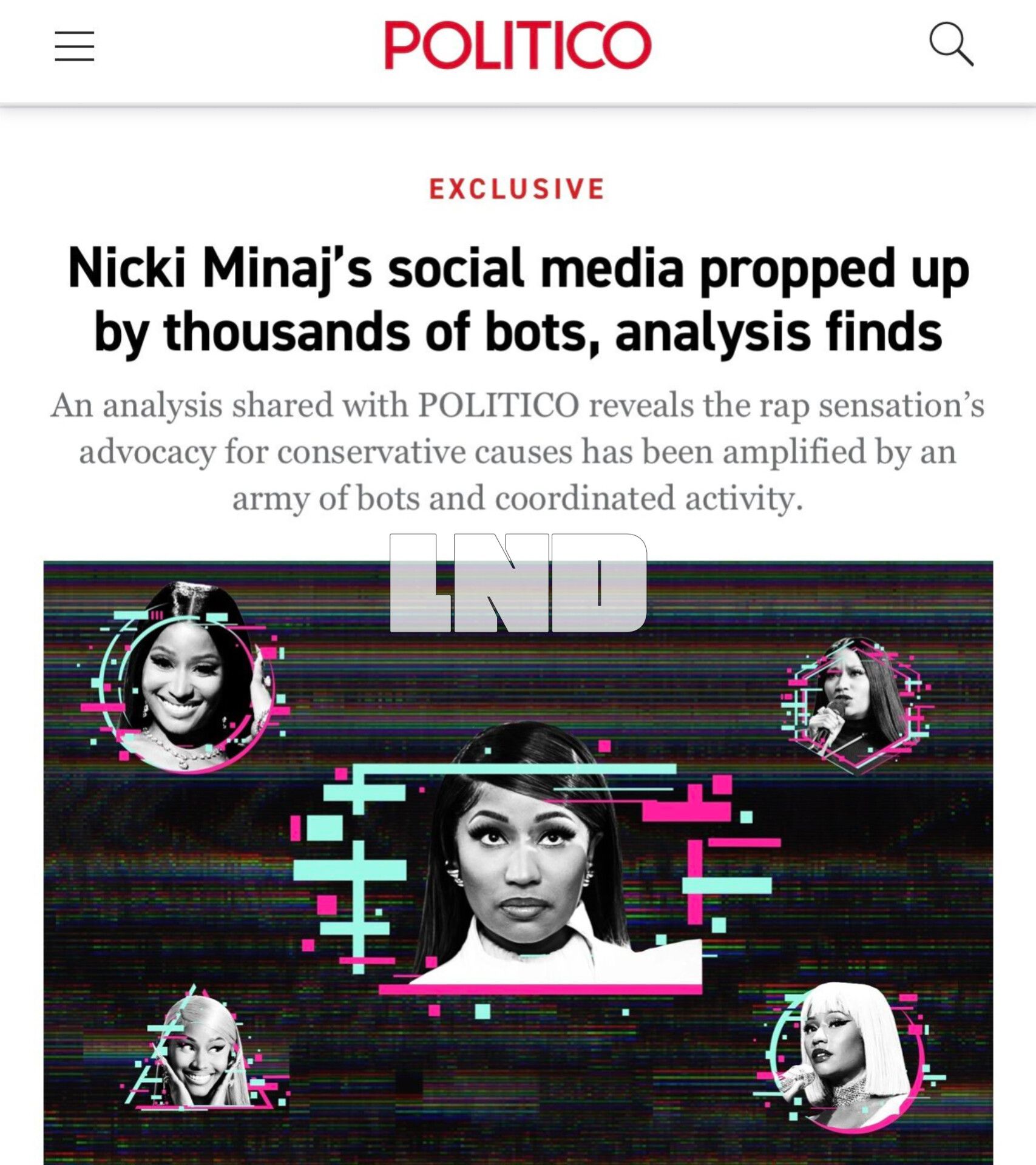 The meme satirizes ethical concerns regarding artificial intelligence and automation by depicting a headline claiming that Nicki Minaj's social media was manipulated by "an army of bots." It suggests that machine lear...