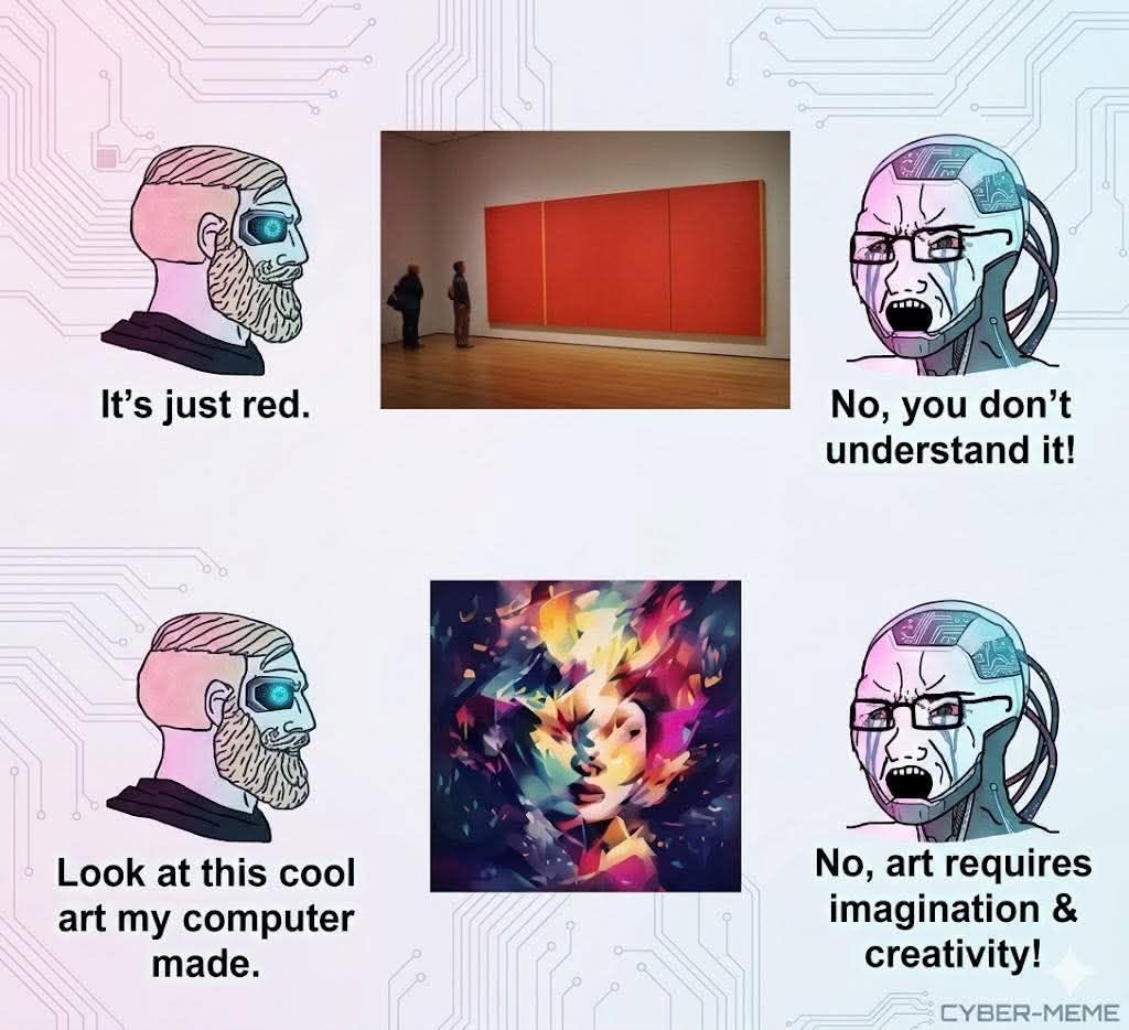 This meme raises ethical questions about the definition of art and the role of artificial intelligence. It contrasts a simple, abstract red painting with a vibrant AI-generated portrait, implying that the machine prod...