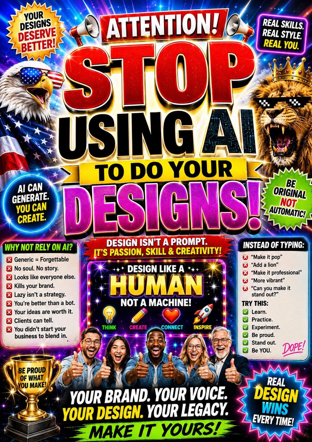 This poster argues from an AI ethics perspective that technology should facilitate creativity, not replace it. It explicitly states that "Design Isn't a Prompt. It's Passion, Skill & Creativity!" to emphasize that "Re...