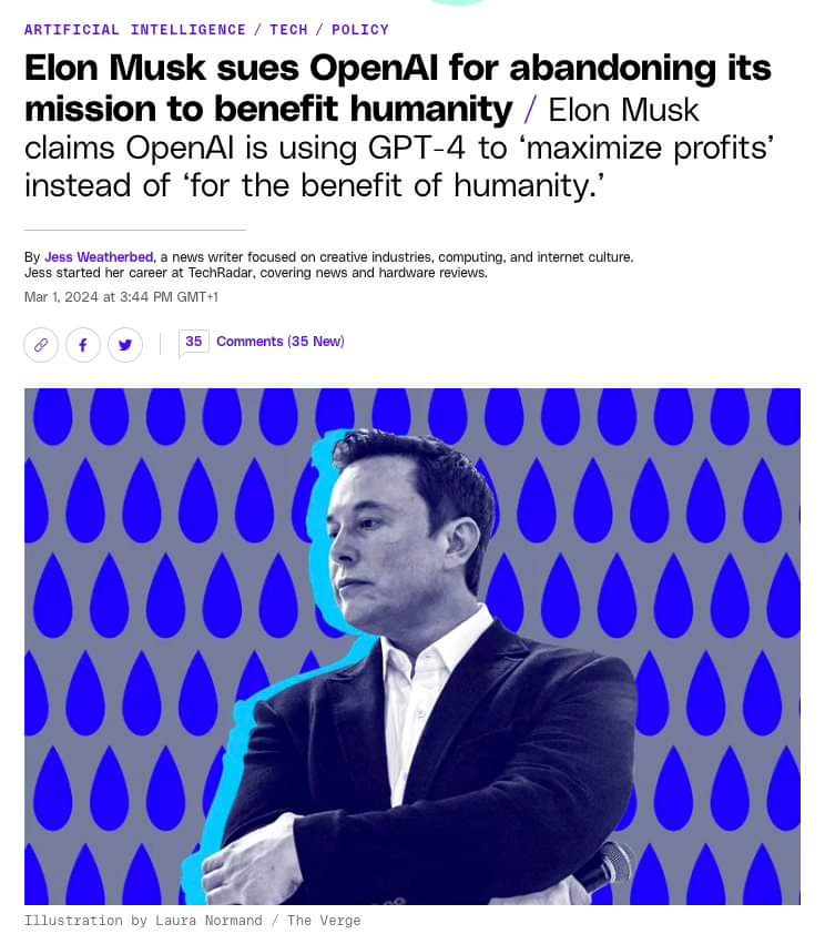 The meme is a screenshot of an article with the title "Elon Musk sues OpenAI for abandoning its mission to benefit humanity" with a photo of Elon Musk. The article reports that Elon Musk is suing OpenAI, a company he...