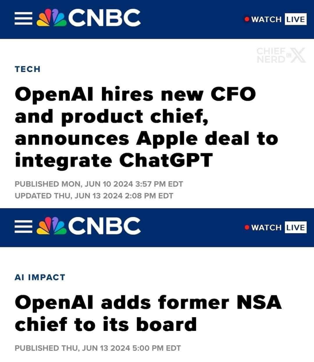 The meme is a satirical commentary on the growing trend of AI-generated news headlines. The image features two news headlines from the same news source, "CNBC", with the first headline announcing the hiring of a new A...