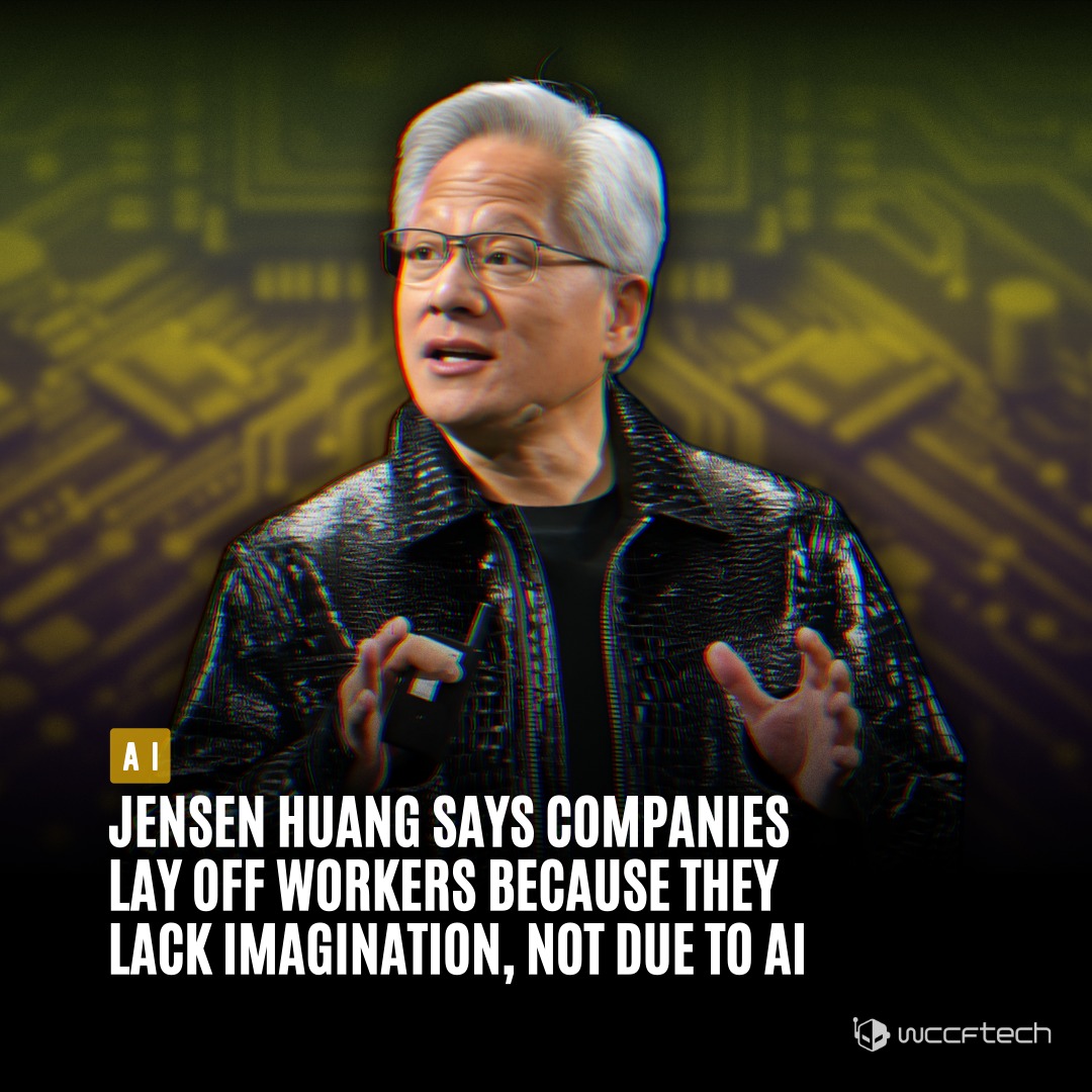 This meme features Jensen Huang, a prominent tech executive associated with NVIDIA. The caption reads, "JENSEN HUANG SAYS COMPANIES LAY OFF WORKERS BECAUSE THEY LACK IMAGINATION, NOT DUE TO AI," suggesting that the fe...