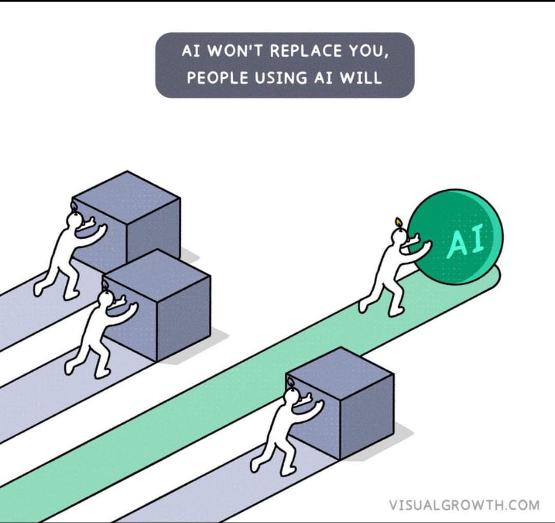 The meme is a play on the phrase "AI won't replace you" and instead uses "AI" in a way that's a common phrase with a different meaning. The image shows a series of people pushing a large block with the word "AI" on it...