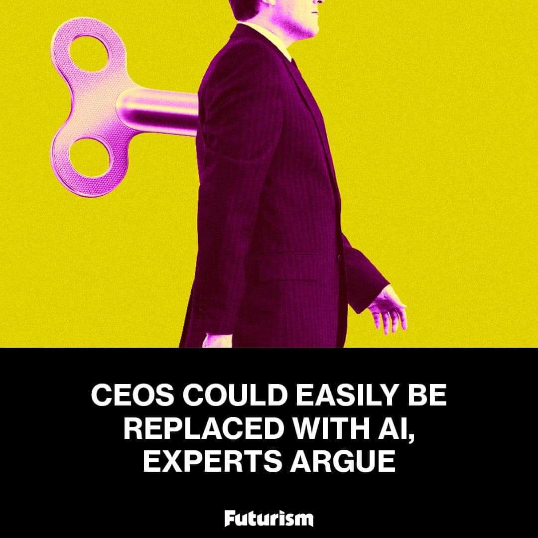 The meme is a humorous take on the idea that AI could potentially replace CEOs, with the image of a CEO being replaced by a robotic arm. The text "CEOS COULD EASILY BE REPLACED WITH AI, EXPERTS ARGUE" is a tongue-in-c...