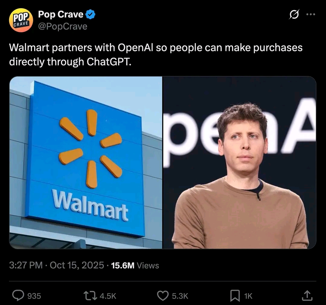 This artificial intelligence meme satirizes the idea that powerful tech companies are teaming up to make everyday tasks easier. On the left, you see a sign for Walmart with its distinctive orange "spark" logo, while o...