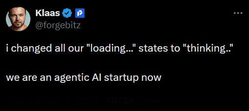 This is a humorous post from an intelligence researcher named Klaas, who leads a startup called ForgeBit known for creating embeddings for Large Language Models. He explains that they replaced their standard "loading....