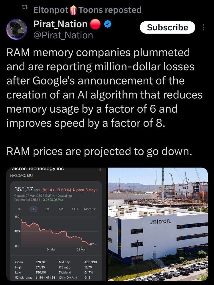 This humorous post suggests that Google's new AI algorithm is making traditional memory technology obsolete, causing panic among companies like Micron who are already seeing massive financial losses. It points to a st...