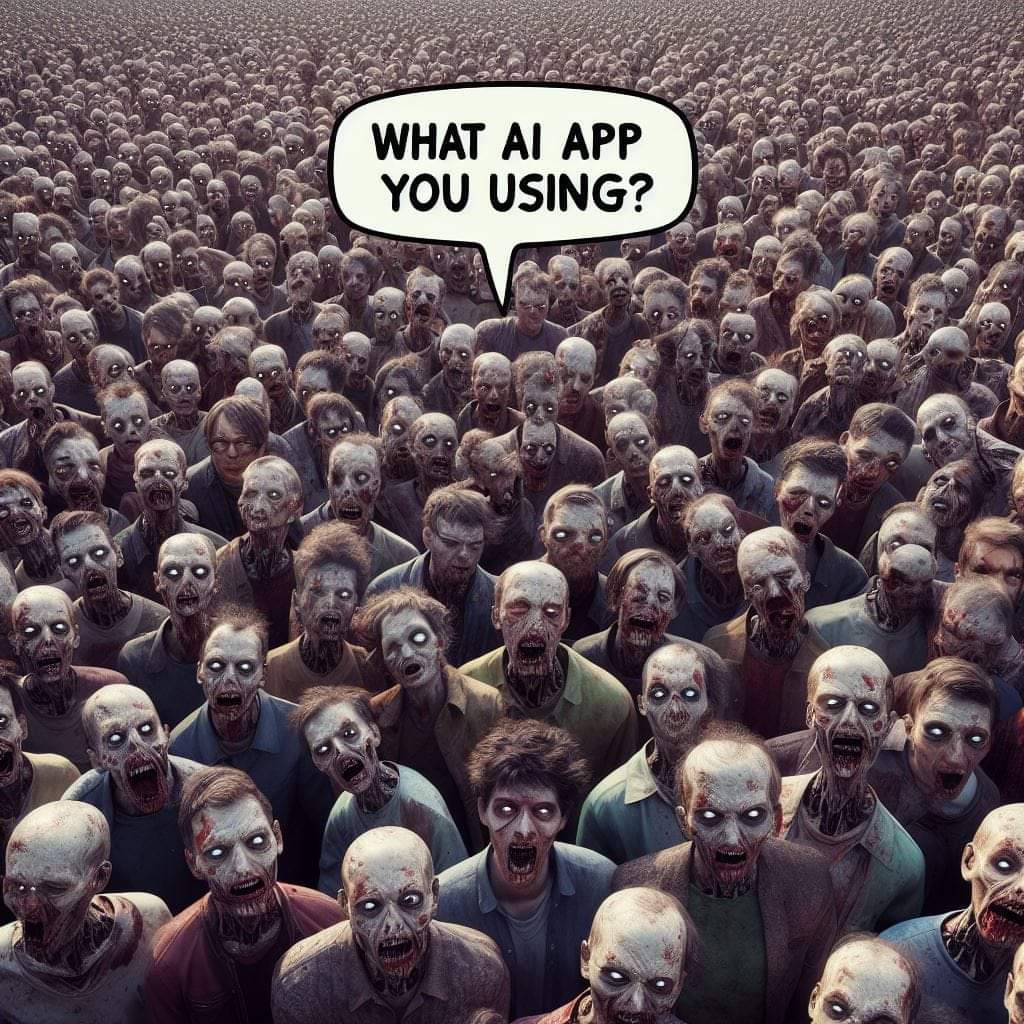 This meme is a humorous take on the current state of artificial intelligence (AI) and its limitations. The image depicts a massive crowd of zombies, with a single zombie in the center asking "What AI app are you using...