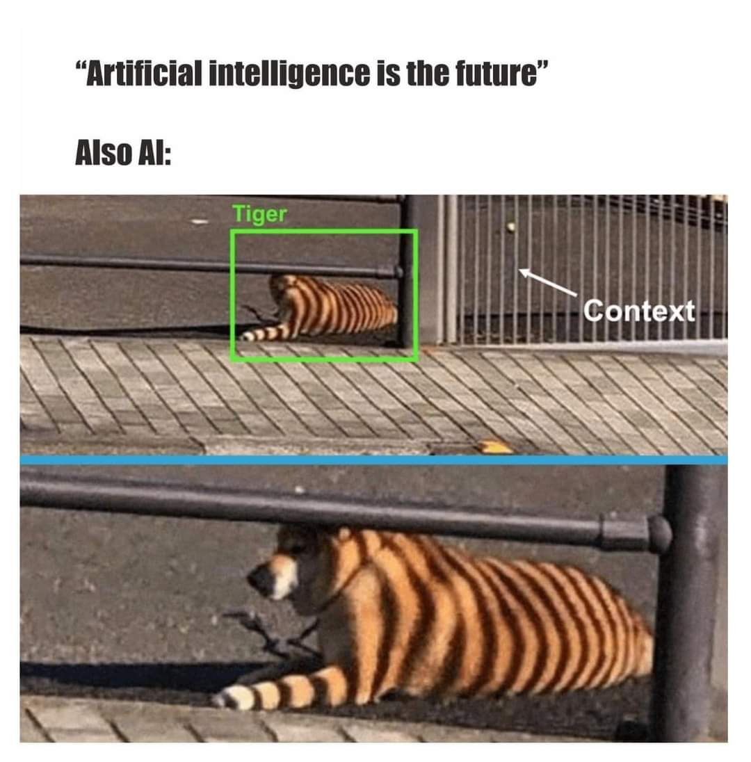 The meme is a humorous take on the phrase "Artificial Intelligence is the future" by depicting a tiger stuck in a fence, with the word "Tiger" highlighted in a green box and the word "Context" pointed to with an arrow...