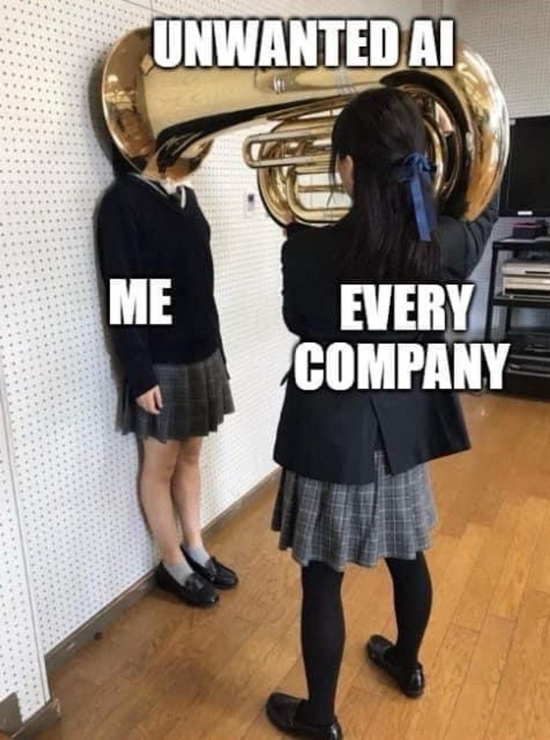 The meme features a high school girl confronting a classmate with a giant brass instrument, representing the fear of being rejected or replaced by AI. The text "UNWANTED AI" is written above the girl, while the classm...