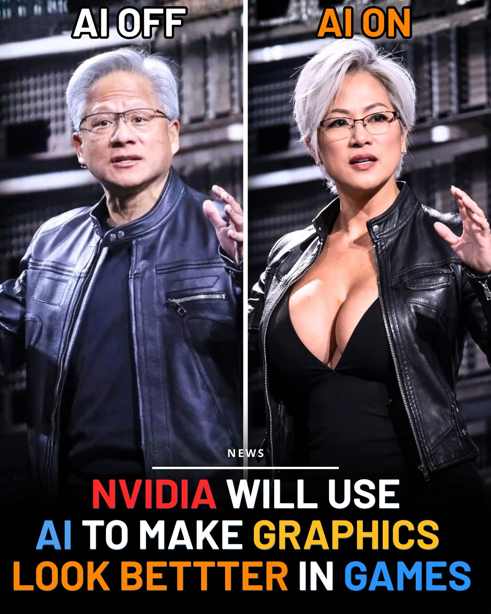 This meme uses a split-screen format to contrast the state of "AI OFF" with "AI ON," highlighting the power of artificial intelligence. On the left side, labeled **"AI OFF,"** it shows a real-world photograph of Jense...