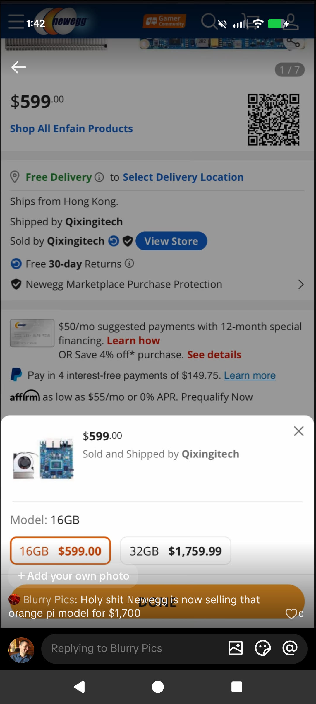 This image depicts a purchase for an **Orange Pi**, a small computer box used for artificial intelligence and machine learning applications. The humor lies in its affordability: it sells for just $599, but the page su...