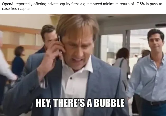 The image displays Kevin Bacon yelling, "HEY, THERE'S A BUBBLE," which references a financial market crash. In the context of Artificial Intelligence, this is often used to explain how models trained on public company...