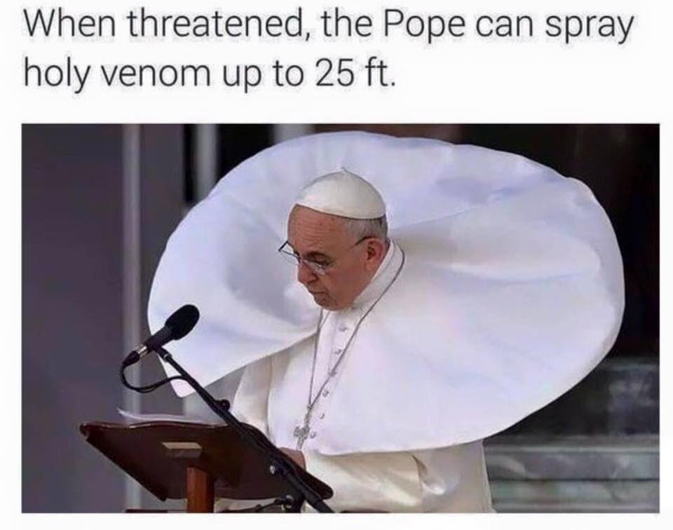 Okay, let's break down this meme through the lenses of various theoretical frameworks. **Visual Description** The image features Pope Francis standing at a lectern, seemingly addressing an audience. He is wearing the...