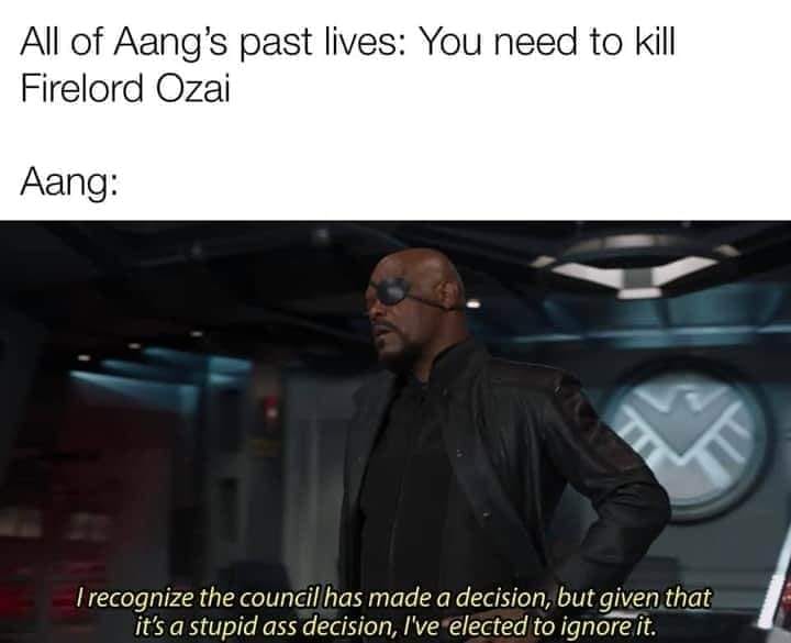 This meme is a humorous commentary on the character Aang from the animated series "Avatar: The Last Airbender". The image shows a screenshot of Aang's character, with a quote overlayed on top: "I recognize the council...