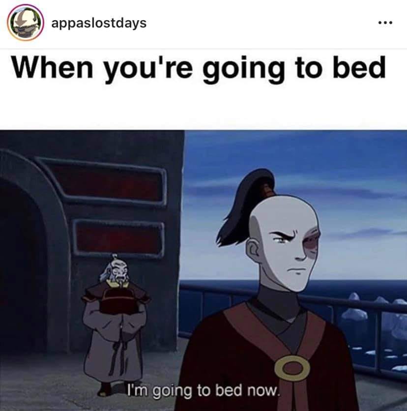 This meme is a humorous take on the popular TV show "Avatar: The Last Airbender." It features a screenshot of a character, Iroku, from the show, saying "I'm going to bed now" in a dry, sarcastic tone, implying that he...