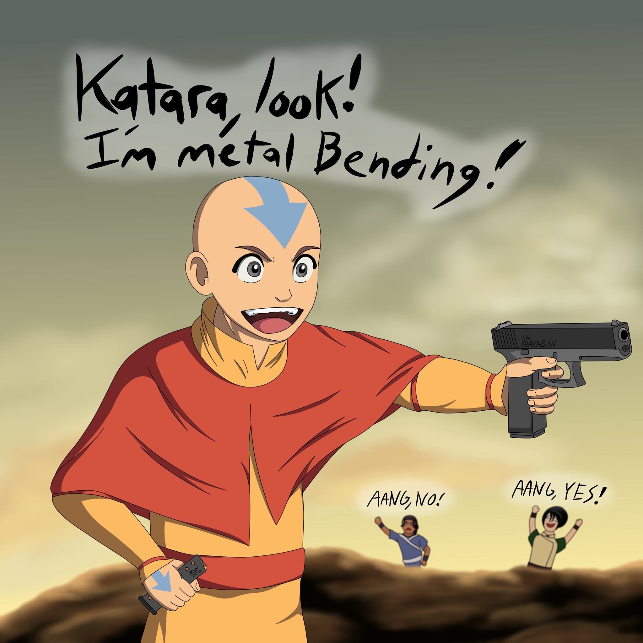This meme is an image of Aang from the animated series "Avatar: The Last Airbender" holding a gun and saying "I'm metal bending!" in a humorous and ironic tone. The image is a play on the character's usual abilities a...