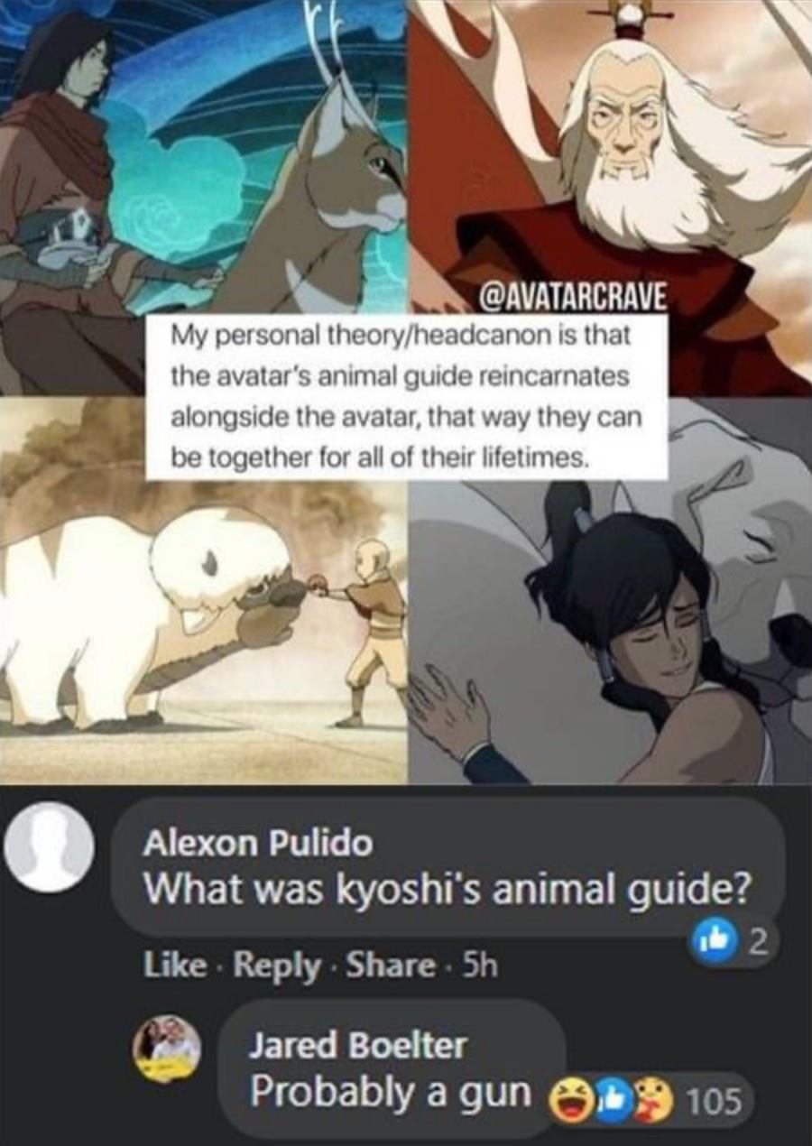 The meme is a humorous response to a question about the backstory of a fictional character's guide. The text "What was Kyoshi's animal guide?" is asked, followed by a sarcastic comment from someone named "Alexon" sayi...