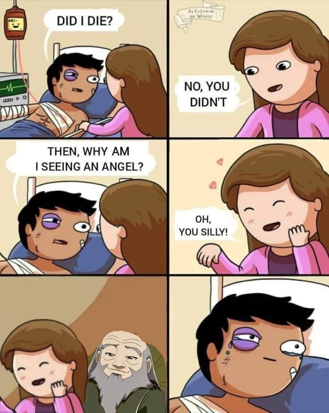 This meme is a humorous take on the common phrase "I see dead people" from the movie "The Sixth Sense". The image shows a person lying in a hospital bed with a bandaged head, and a woman asking "Then why am I seeing a...