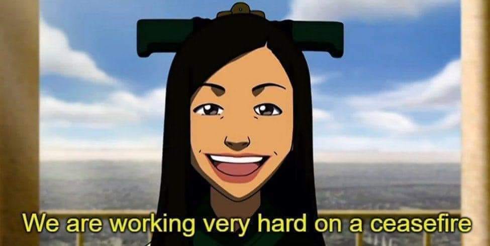 The meme is a screenshot from the animated TV series Avatar: The Last Airbender, where the character Katara says "We are at war with the Fire Nation, and we are at war with the ocean. It is a very dangerous time. And...