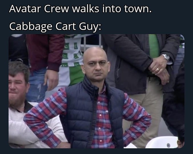 Okay, let's break down this meme featuring the "Cabbage Cart Man" from *Avatar: The Last Airbender* through a few critical lenses. It's a surprisingly rich image for analysis, due to its internet history and the meme'...