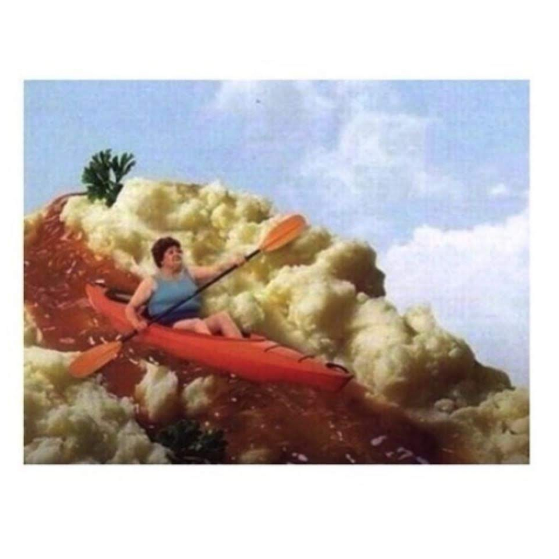 Okay, here’s an analysis of the image, broken down into sections as requested. The image is a surreal composite: a woman kayaking on a giant mound resembling mashed potatoes, with a small cactus planted on top. I'll o...