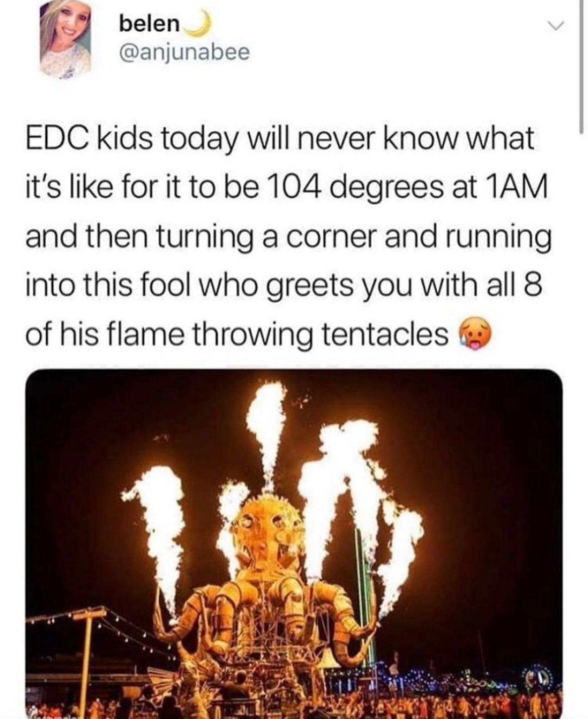 Okay, let's break down this tweet and image through the requested theoretical lenses. **Image & Tweet Overview:** The tweet from @anjunabee laments that current attendees of Electric Daisy Carnival (EDC), a large elec...