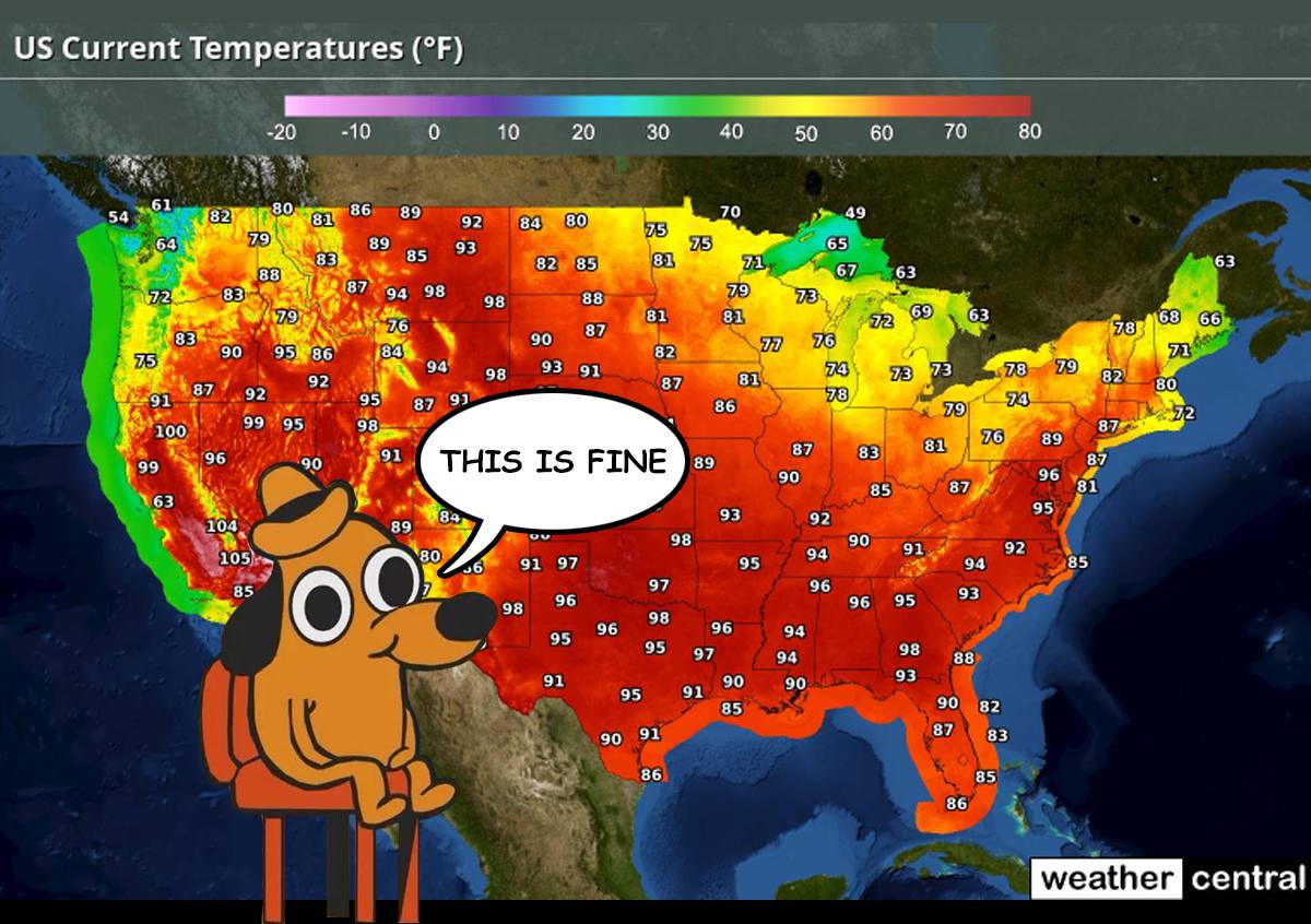Okay, let's break down this image – the "This is Fine" dog in a burning house superimposed on a map of the United States showing high temperatures – through several theoretical lenses. ## Visual Description The image...