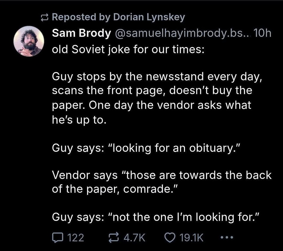 Okay, here's an analysis of the image/text (the "joke" posted by Sam Brody) broken down into the requested theoretical sections, only including those where the text meaningfully lends itself to that lens. --- **Visual...