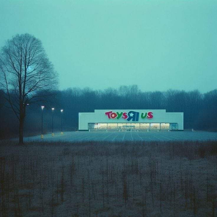 The meme is a photo of an empty, abandoned Toys "R" Us store, symbolizing the collapse of the company. The image is captioned "Toys R Us" with a broken "R" and a tombstone with the date "1993-2018" (the year the compa...