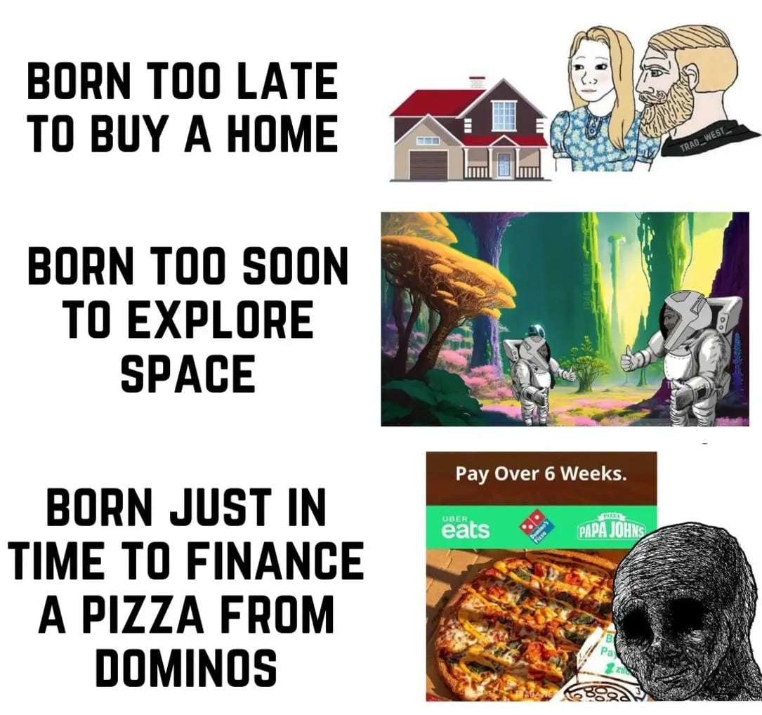 The meme is a commentary on the struggles of being a young adult, specifically those who grew up in the early 2000s. The image shows a child who "can't afford" things like a house, a car, and a family, but can afford...