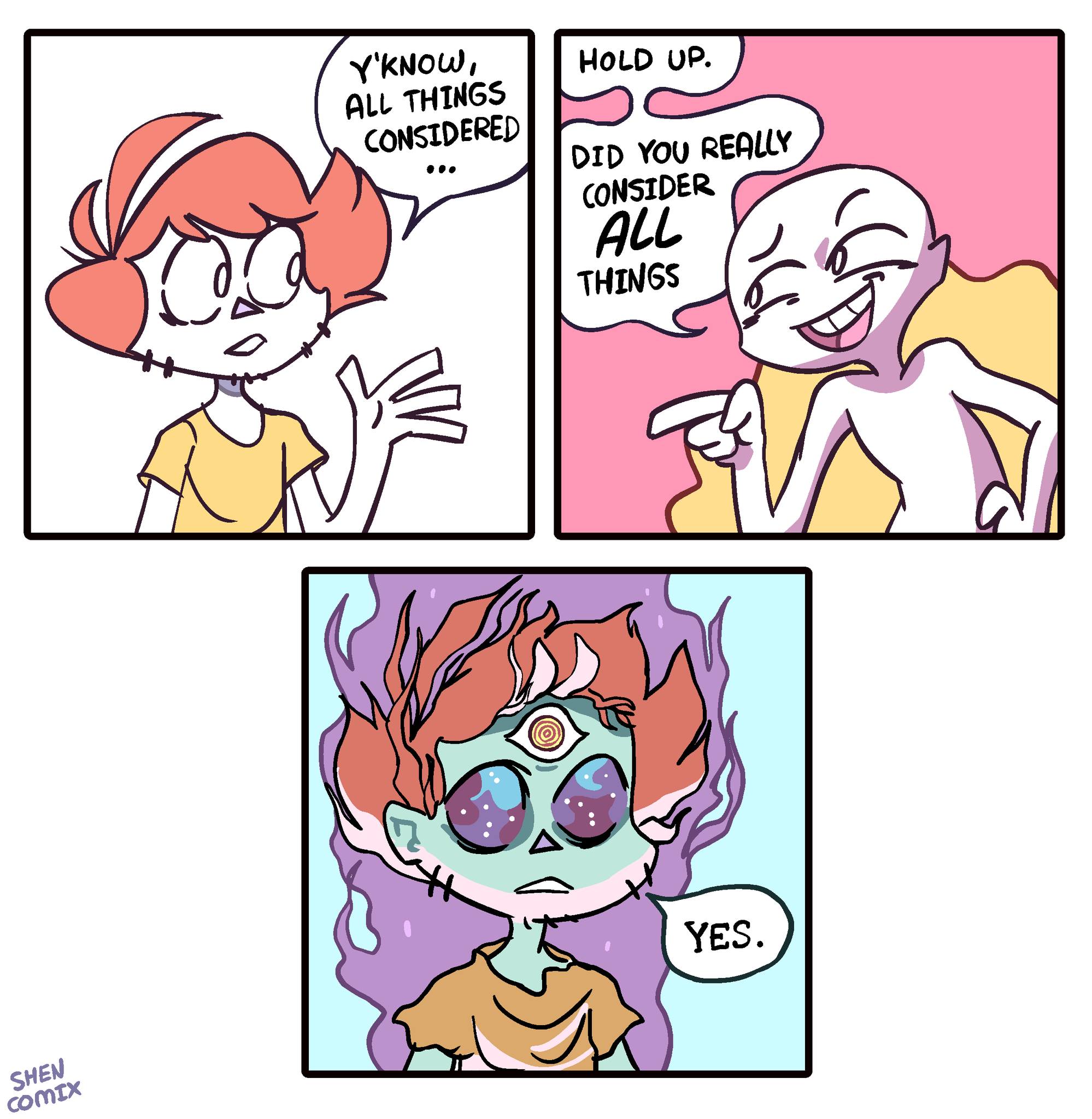 Okay, let's break down this comic strip using the frameworks you've provided. **Visual Description** The comic is a three-panel strip with a stylized, cartoonish aesthetic. The color palette is dominated by muted pink...