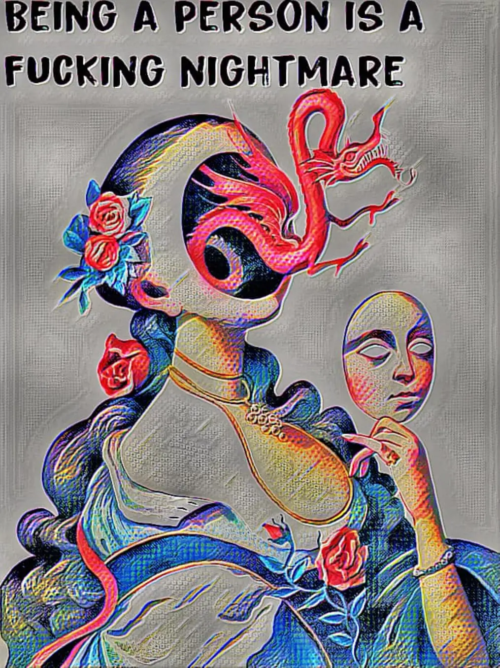 Okay, let's break down this complex image across several theoretical lenses. It's a deeply evocative and layered piece, lending itself to multiple interpretations. **Visual Description** The image is a digitally manip...