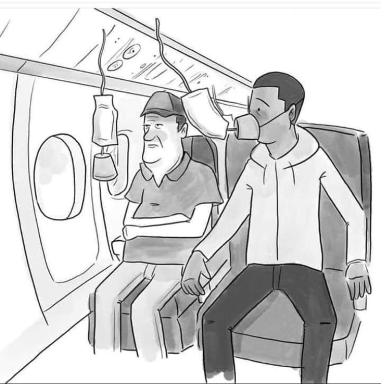 Okay, let's break down this image with analyses as requested. **Visual Description** The image is a black and white cartoon-style drawing depicting the interior of an airplane cabin. Two men are seated next to each ot...