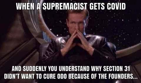 Okay, let's break down this image-based meme through the lenses you've provided. It's a complex image, leveraging "Star Trek: Deep Space Nine" to make a contemporary political point. **Visual Description** The image f...