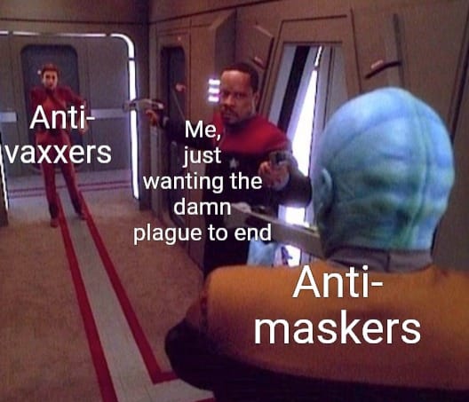 Okay, let's break down this meme through various theoretical lenses. It's a fairly potent little image, lending itself to several analyses. ## Visual Description The meme depicts a scene from *Star Trek: The Next Gene...