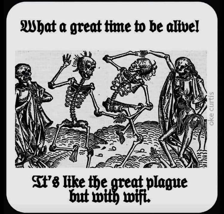 Okay, let's break down this darkly humorous image using the requested theoretical frameworks. **Visual Description** The image is a digitally rendered imitation of a medieval woodcut, resembling *Danse Macabre* (Dance...