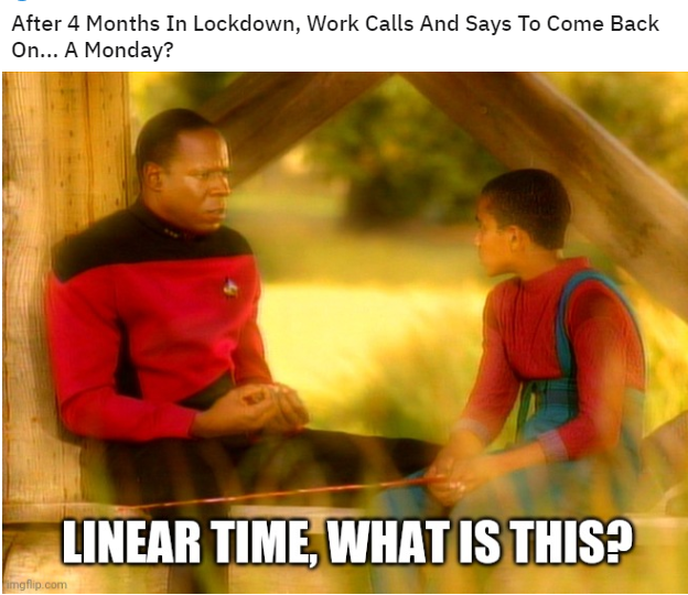 Okay, let's break down this meme through several theoretical lenses. It's a layered piece, so we can hit quite a few of those frameworks. ## Visual Description The meme depicts a still from a scene involving Geordi La...