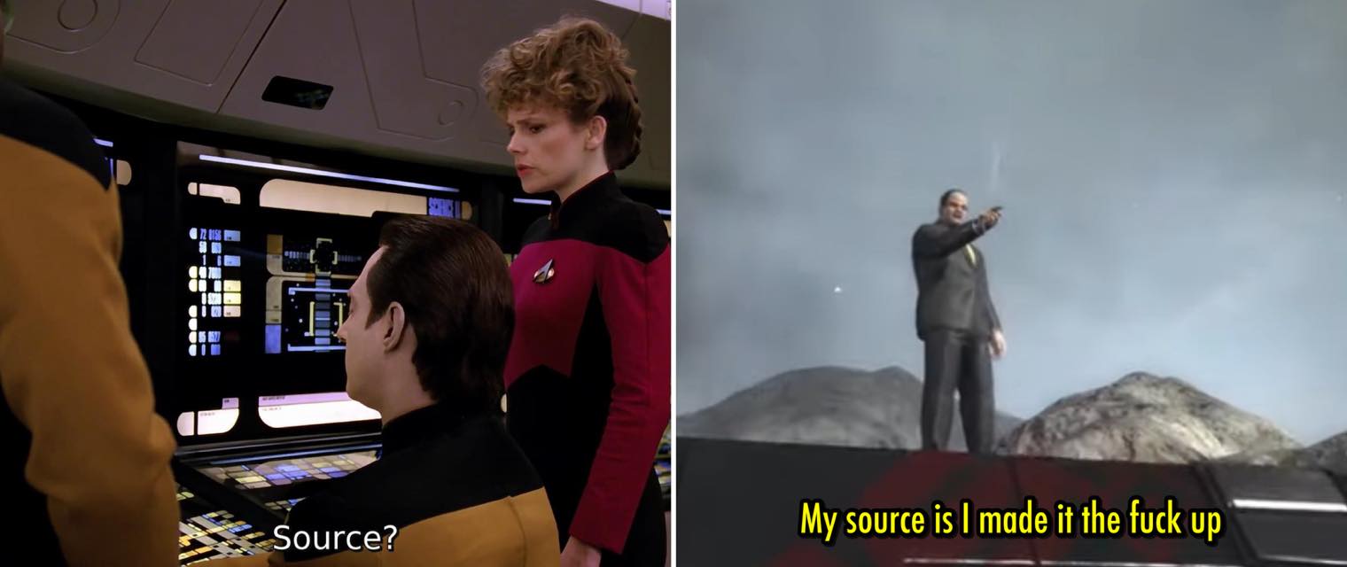 Okay, let's break down these two images—one from *Star Trek: The Next Generation* (featuring Commander Riker and Counselor Troi) and the other a screencap of a meme featuring a man with a gun—through several theoretic...
